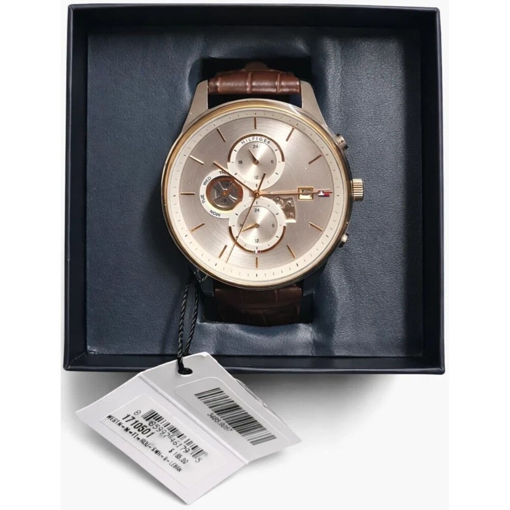 Tommy Hilfiger Men’s Multifunction Watch Silver Dial Brown Leather New-Open Box
